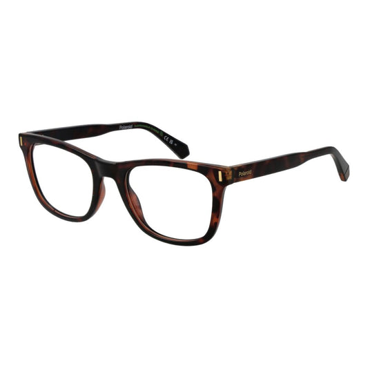 Polaroid Brown Women Glasses Frame in polyester full-rim rectangle style, featuring demo lenses, size 51-20-145, with branded case included.