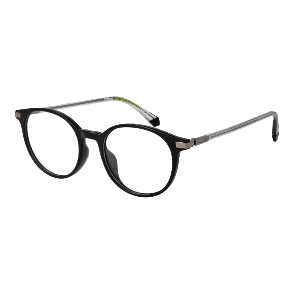 Polaroid Black Unisex Glasses Frame, full-rim panto style with black polyamide frame and demo lenses. No spring hinge, 50-18-145 size.