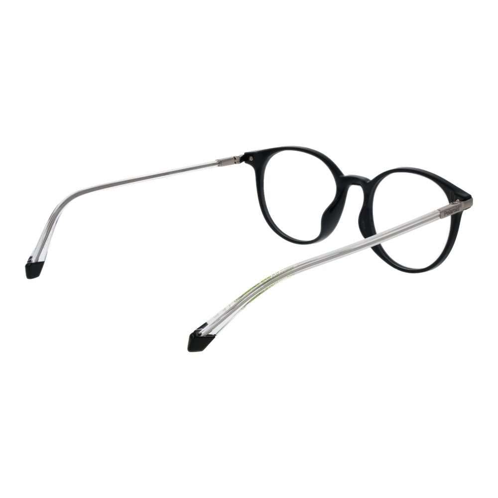Polaroid Black Unisex Glasses Frame, full-rim panto style with polyamide black frame and demo lenses, unisex design.