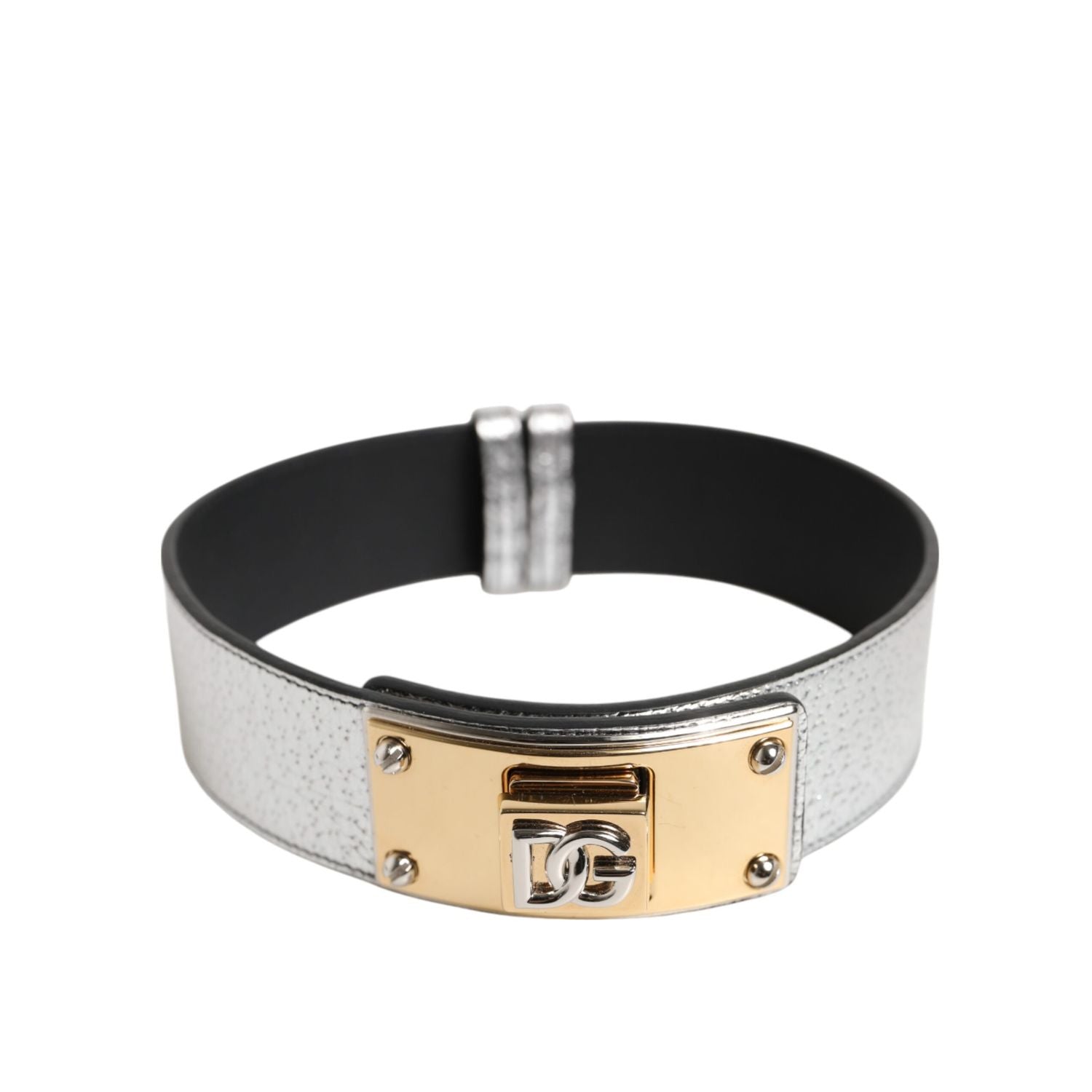 Dolce & Gabbana Silver Textured Leather Gold Tone Metal Neckband
