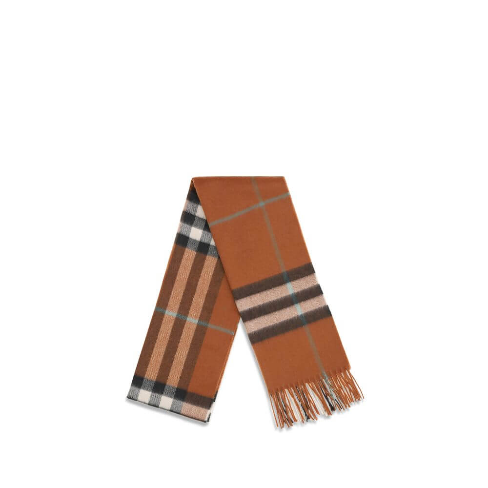 Burberry Brown Cashmere Scarf with classic check pattern and fringed ends, made from 100% cashmere in Great Britain, AW25 collection.