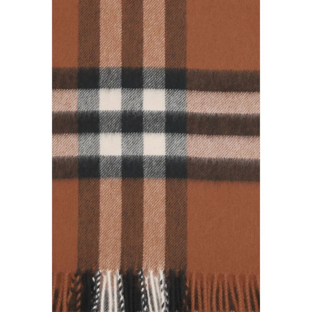 Burberry Brown Cashmere Scarf with iconic check pattern and fringed ends, 100% cashmere, made in Great Britain. Timeless elegance.