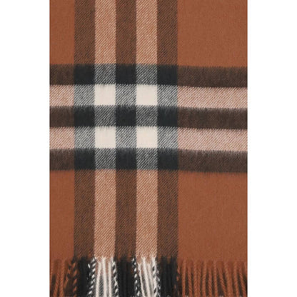Burberry Brown Cashmere Scarf with iconic check pattern and fringed ends, 100% cashmere, made in Great Britain. Timeless elegance.