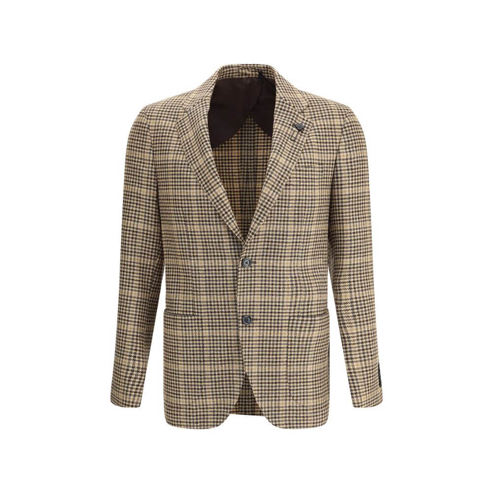 Lardini Beige Wool Clothing - Single-breasted houndstooth blazer with iconic brooch, lapel collar, and double back slit. AW25 season.