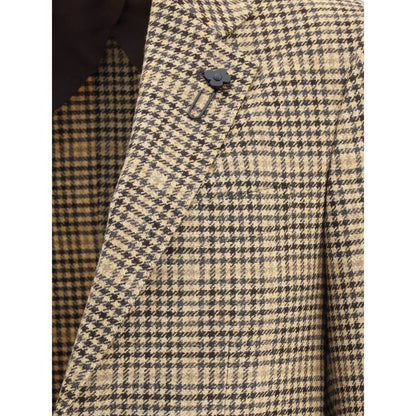 Close-up of Lardini Beige Wool Clothing houndstooth blazer with iconic lapel brooch.