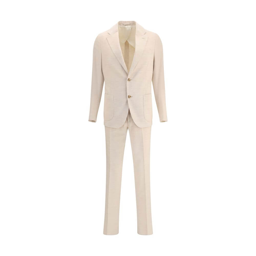 Lardini Beige Cotton Two-Piece Suit with blazer and straight-leg trousers in corduroy, featuring notch lapel and patch pockets.