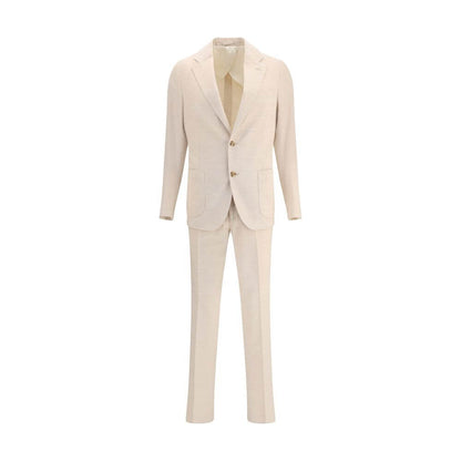 Lardini Beige Cotton Two-Piece Suit with blazer and straight-leg trousers in corduroy, featuring notch lapel and patch pockets.