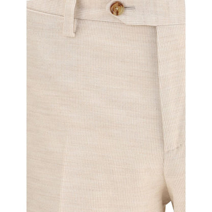 Close-up of Lardini Beige Cotton Two-Piece Suit showing corduroy trousers with button closure and belt loops.