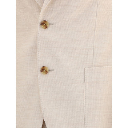 Close-up of Lardini Beige Cotton Two-Piece Suit blazer with button closure and notch lapel, showcasing corduroy texture.