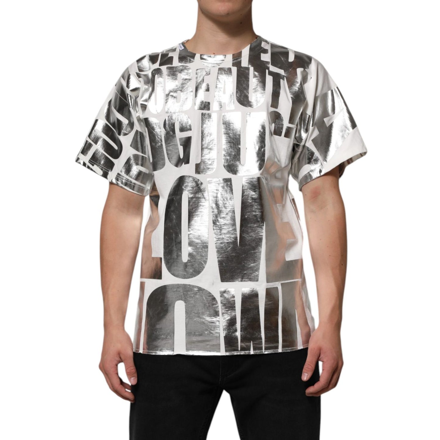 Dolce & Gabbana White Metallic Print Cotton CrewNeck T-shirt