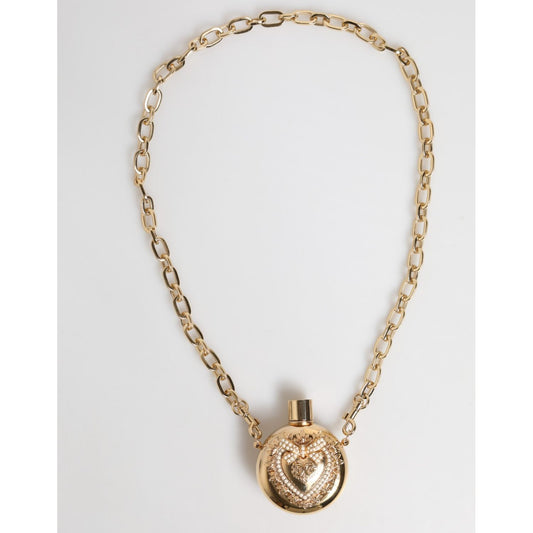Dolce & Gabbana Gold Brass Rhinestone Devotion Charm Pendant Necklace with minor scratches and dents