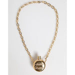 Dolce & Gabbana Gold Brass Rhinestone Devotion Charm Pendant Necklace on white background