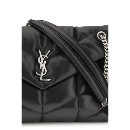 Saint Laurent Black Lamb Ovis Aries Aries Shoulder Bag with YSL silver plaque and leather-braided chain strap