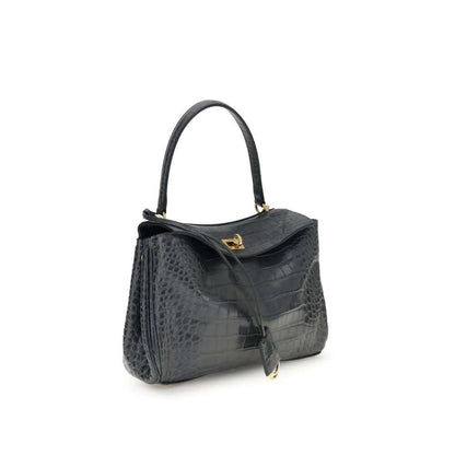 Balenciaga Black Calf Leather Bos Taurus Shoulder Bag in crocodile-print with top handle and distinctive flap closure.