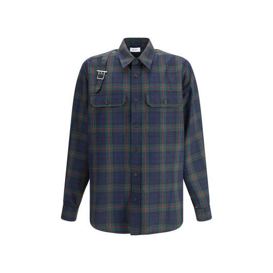 Alexander McQueen Green Polyester Pattern Shirt with tartan design and buckle detail.