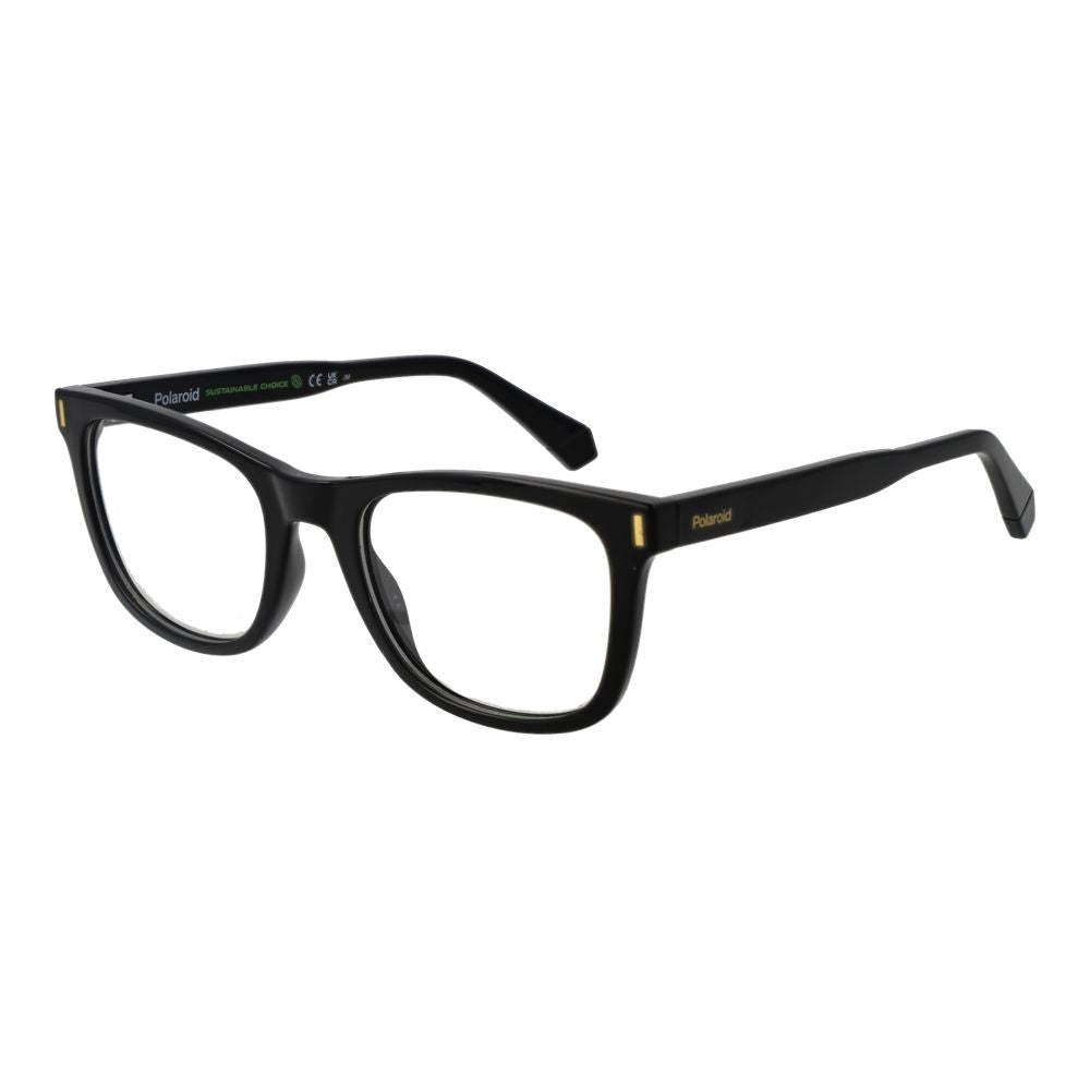 Polaroid Black Unisex Glasses Frame, rectangle full-rim with demo lenses, includes branded case, size 51-10-145, polyester material.