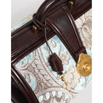Dolce & Gabbana Blue Brown Leather Floral Jacquard Travel Handbag Bag