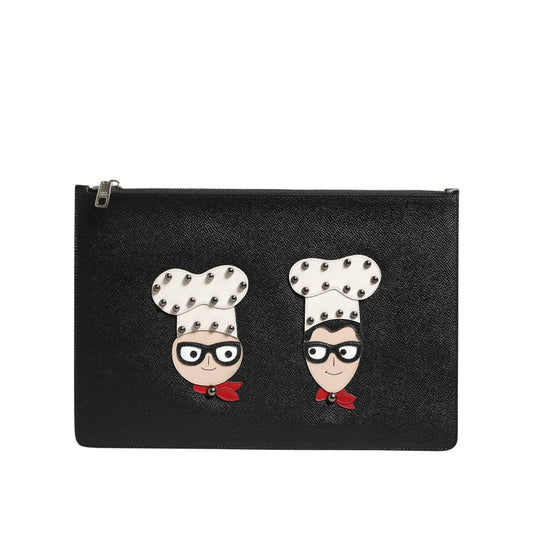 Dolce & Gabbana Black Leather #DGFAMILY Embellished Men Clutch Pouch Bag with multicolor graphic leather appliques and zip closure.