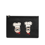 Dolce & Gabbana Black Leather #DGFAMILY Embellished Men Clutch Pouch Bag with chef graphic appliques and zipper closure.