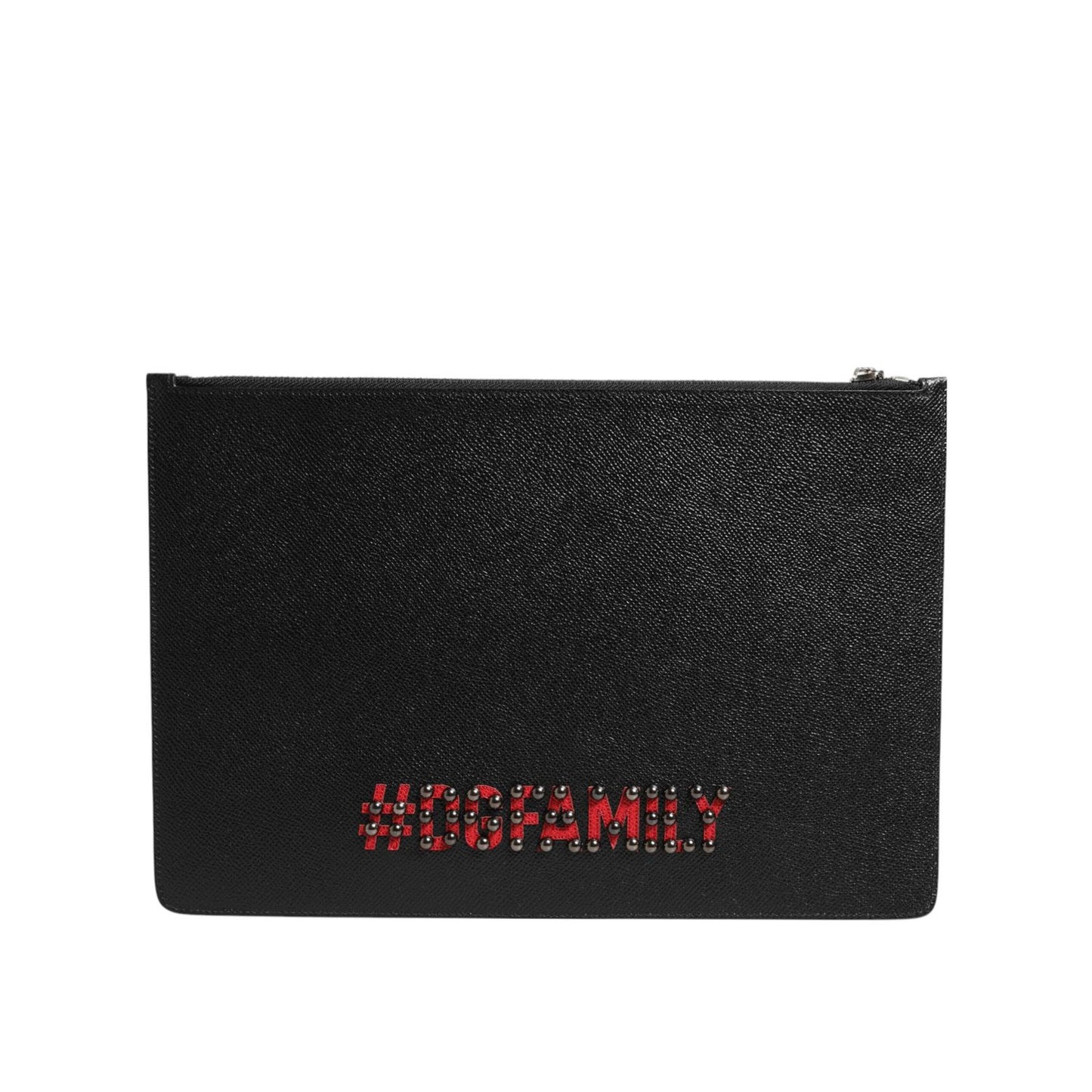 Dolce & Gabbana Black Leather #DGFAMILY Embellished Men Clutch Pouch Bag with multicolor appliques and zip closure.
