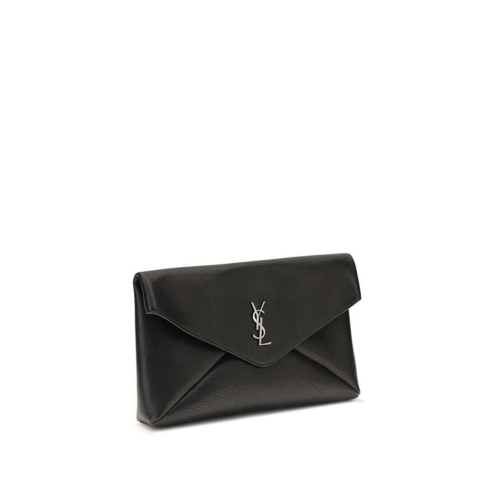 Saint Laurent Black Calf Leather Bos Taurus Clutch Bag with silver logo and envelope design, perfect for elegant occasions.