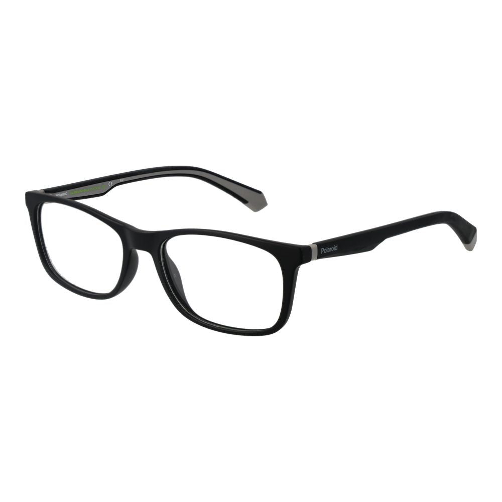 Polaroid Black Men Glasses Frame in full-rim rectangle style with polyamide material, demo lenses, and size 54-17-145.