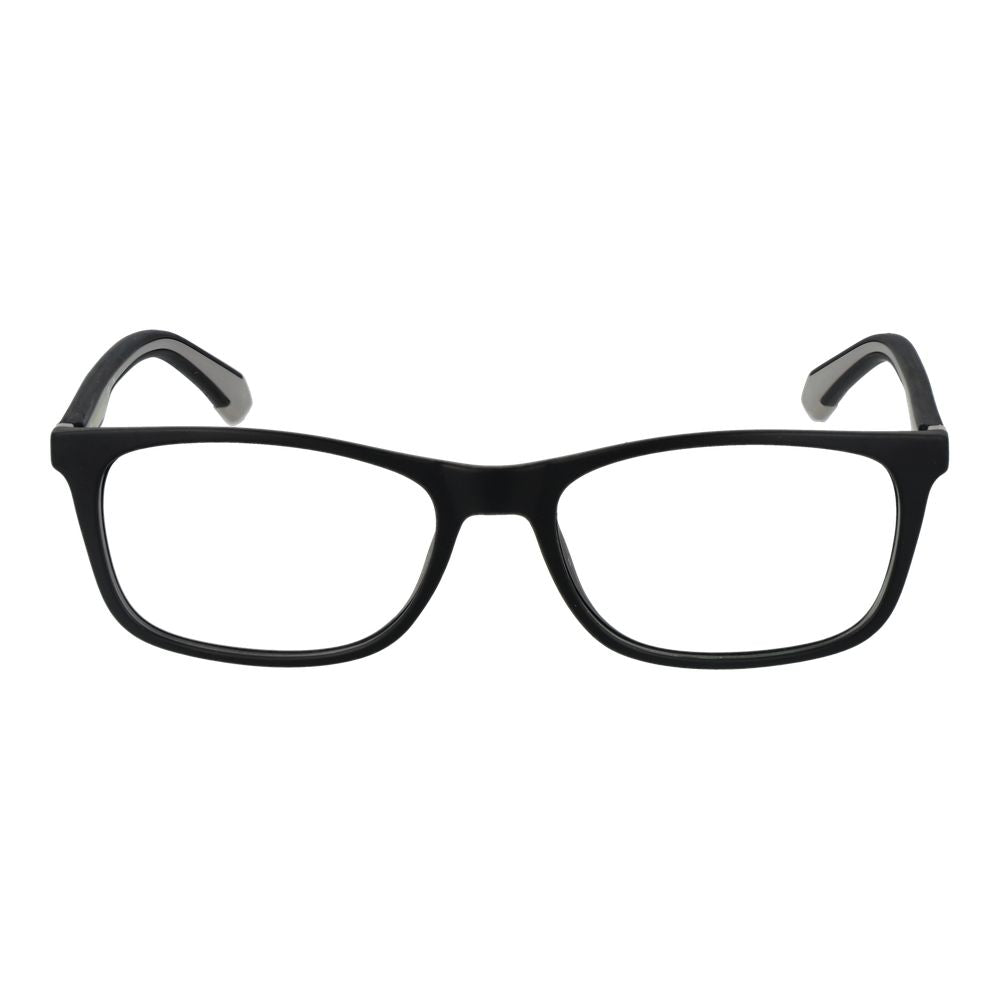 Polaroid Black Men Glasses Frame, full-rim rectangle design, black polyamide material, demo lenses, size 54-17-145, includes branded case.