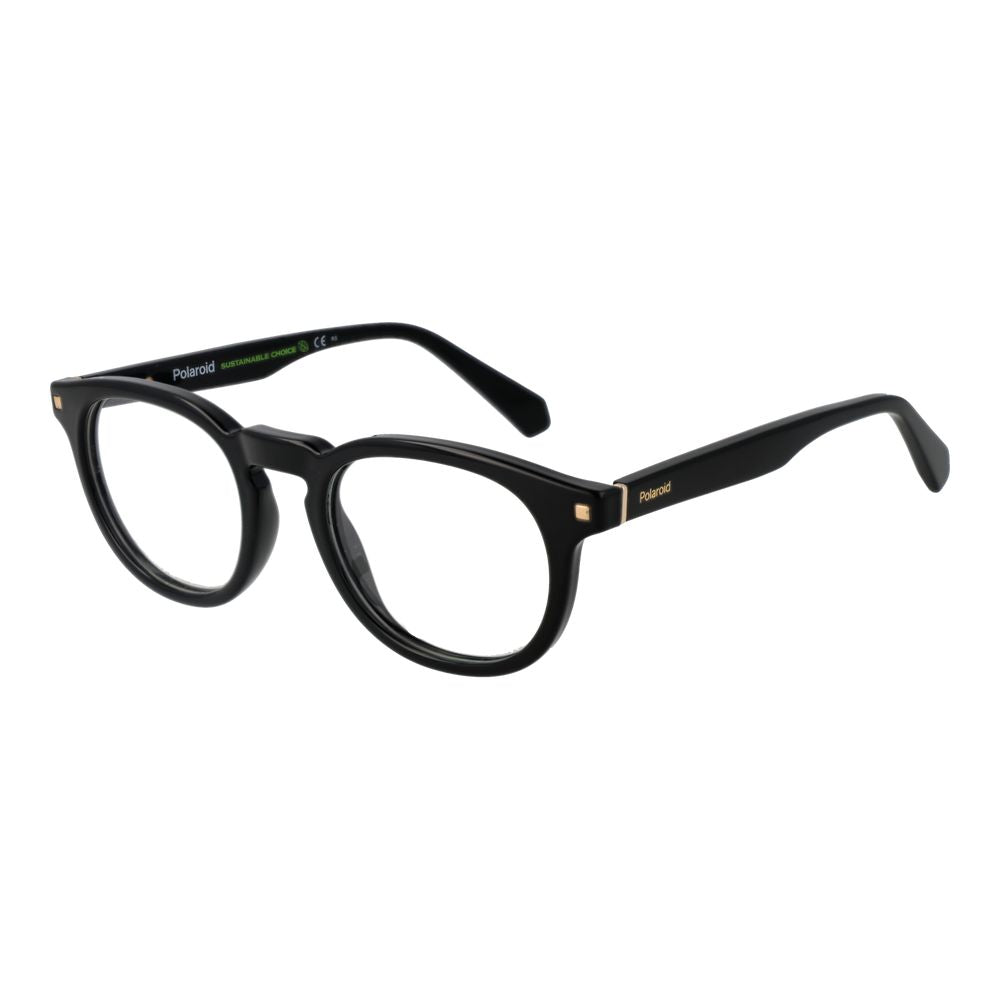 Alt Tag: Polaroid Black Women Glasses Frame, full-rim panto shape, cellulose propionate material, spring hinge, demo lenses.