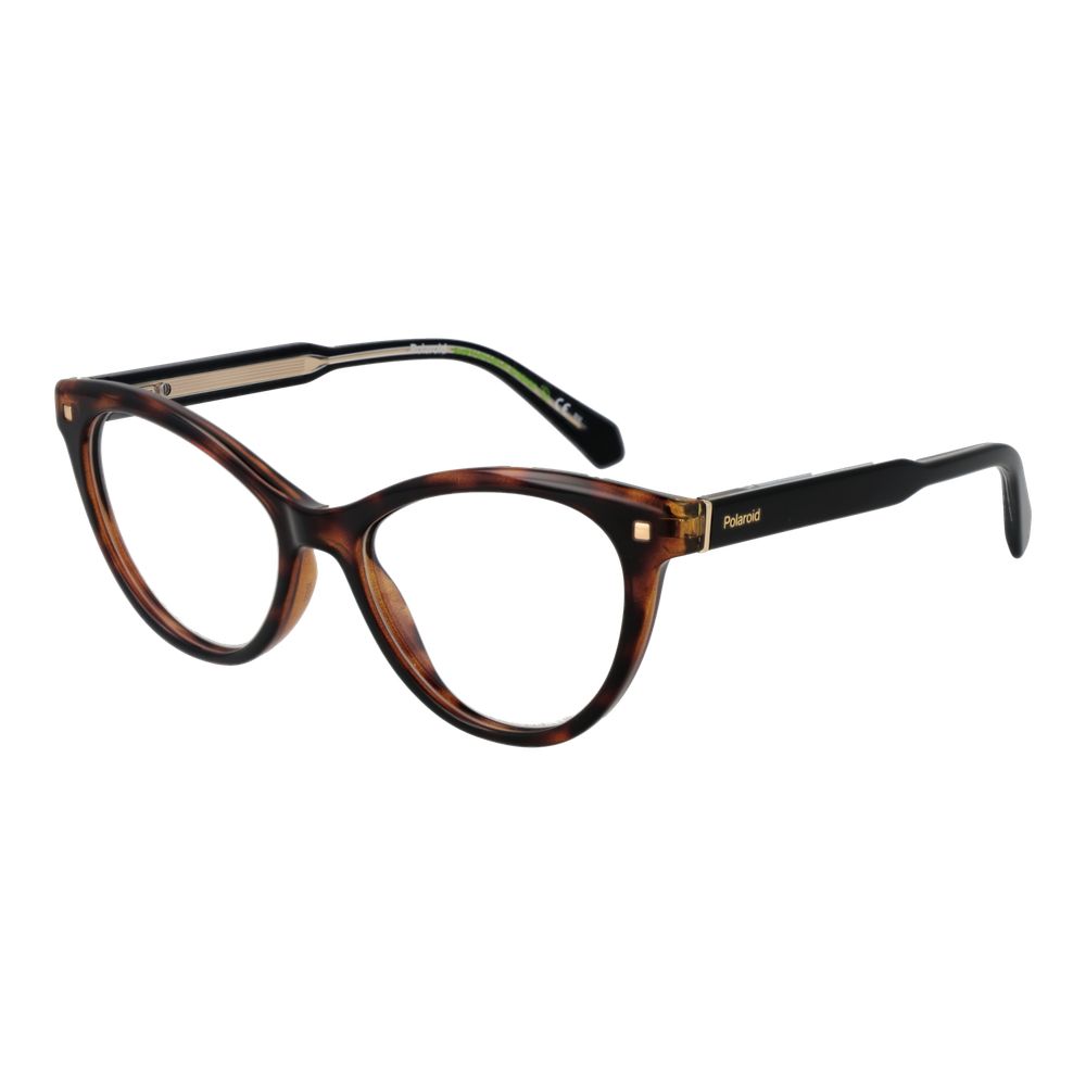 Polaroid Brown Women Glasses Frame in cat eye style with full-rim plastic, model number 52-17-145, featuring demo lenses and spring hinges.