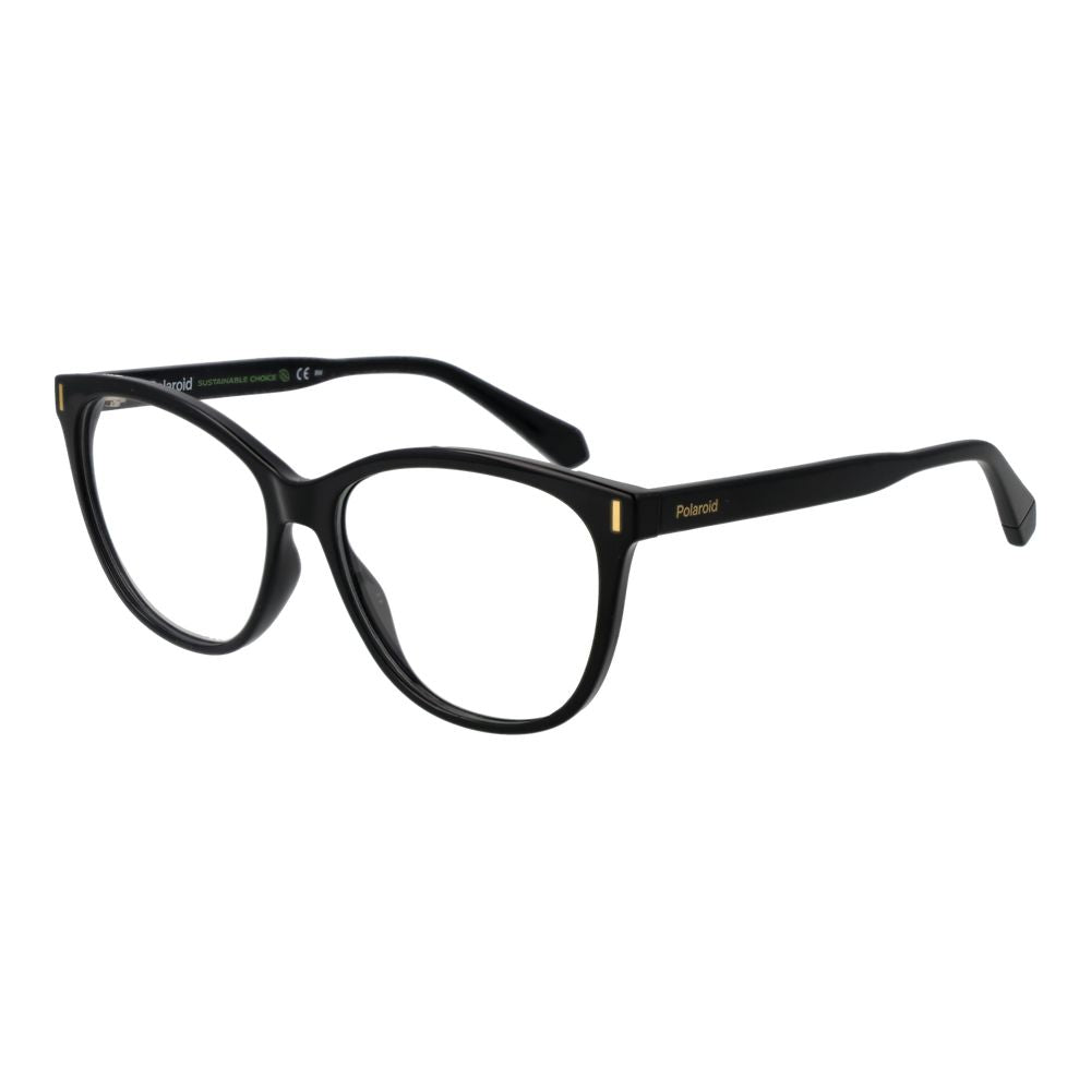 Polaroid Black Women Glasses Frame in full-rim cat-eye design, black polyamide with demo lenses, size 56-15-145.
