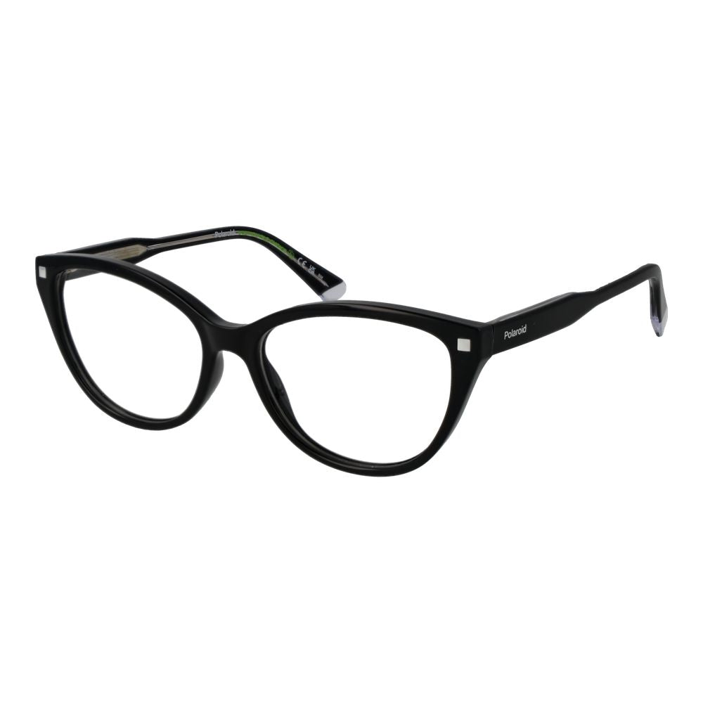 Polaroid Black Women Glasses Frame with full-rim cat eye design, cellulose propionate material, and spring hinge, size 55-16-145.