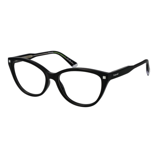 Polaroid Black Women Glasses Frame with full-rim cat eye design, cellulose propionate material, and spring hinge, size 55-16-145.
