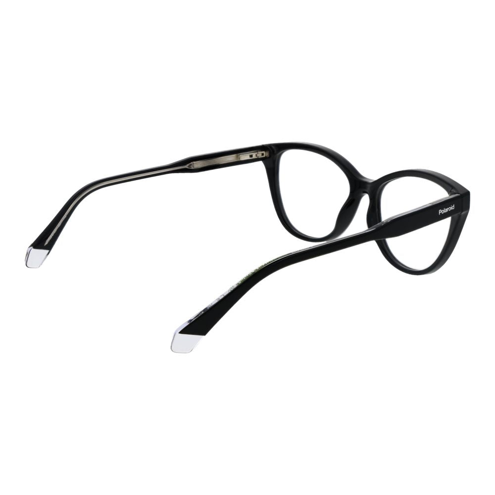Polaroid Black Women Glasses Frame in cellulose propionate, full-rim cat eye style, with 55 mm demo lenses and spring hinges.