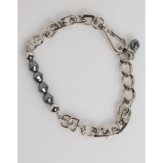 Dolce & Gabbana Silver Tone Chain Lobster Clasp Logo Gray Pearls Bracelet with polished metal links and dark-hued pearls.