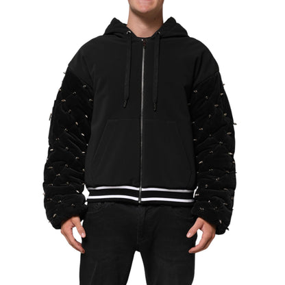 Dolce & Gabbana Black Cotton Quilted Studded Sleeve Hoodie Jacket