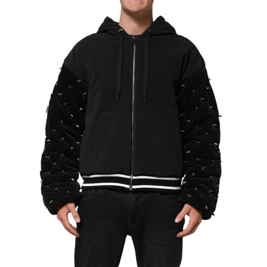 Dolce & Gabbana Black Cotton Quilted Studded Sleeve Hoodie Jacket