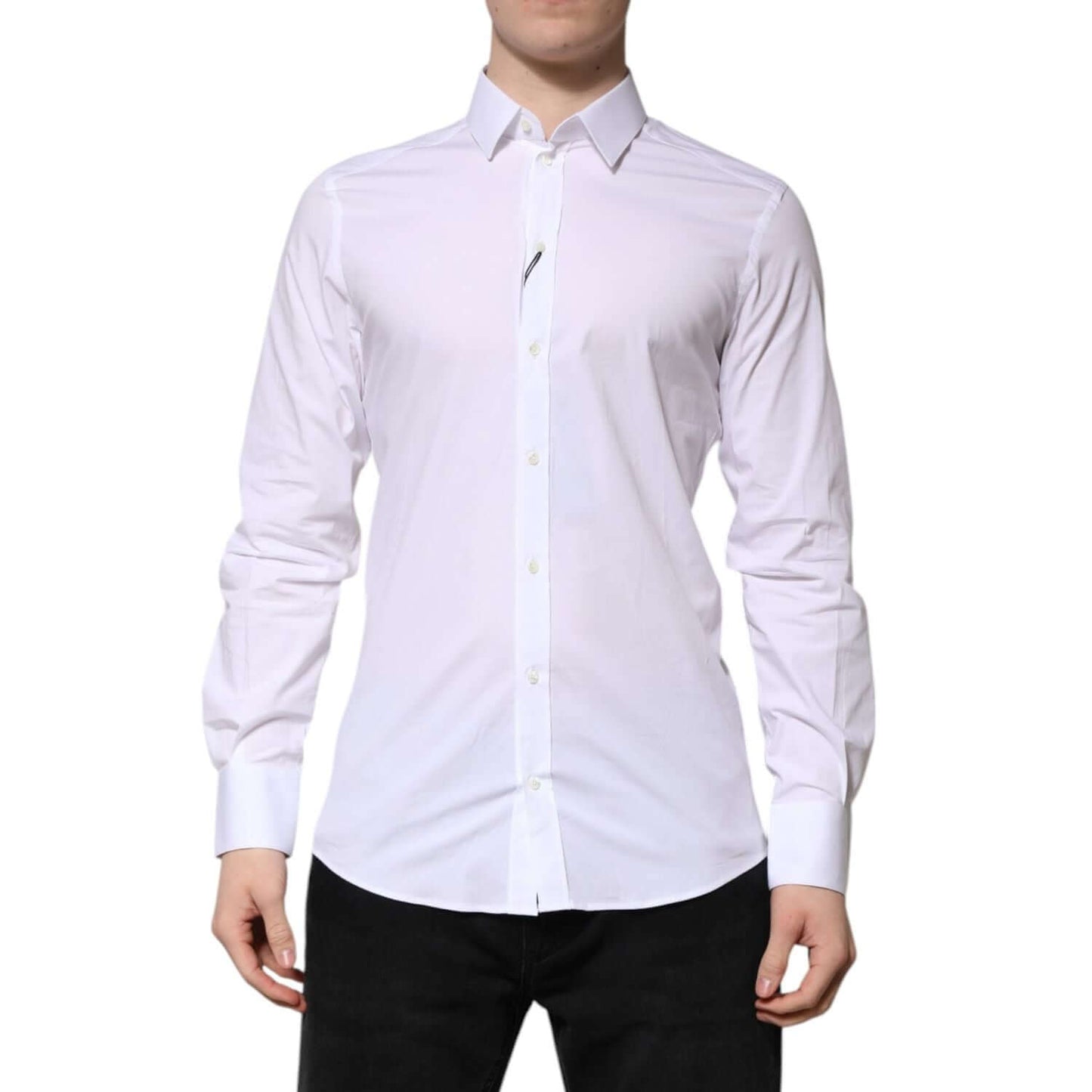 Dolce & Gabbana White Cotton GOLD Long Sleeves Formal Shirt, slim fit, modeled front view, showcasing luxury tailoring and elegance.