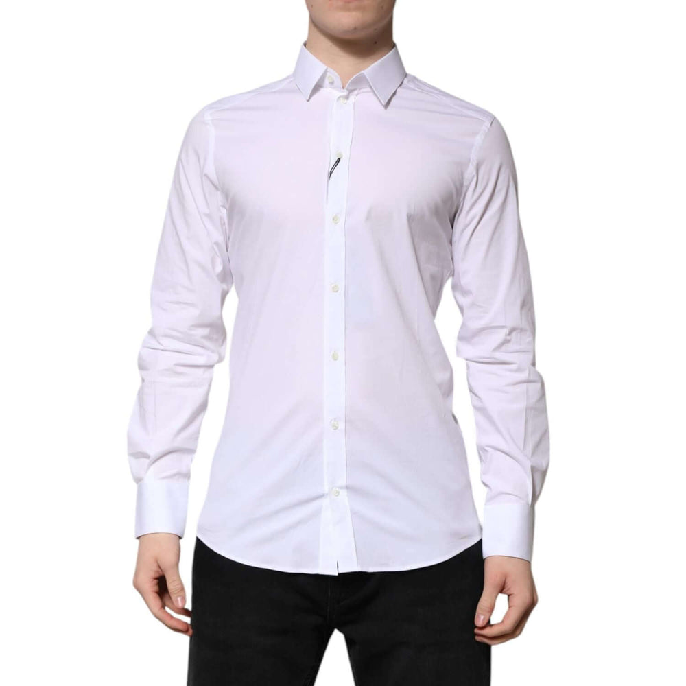 Dolce & Gabbana White Cotton GOLD Long Sleeves Formal Shirt with slim fit, showcasing luxury tailoring and subtle gold detailing.