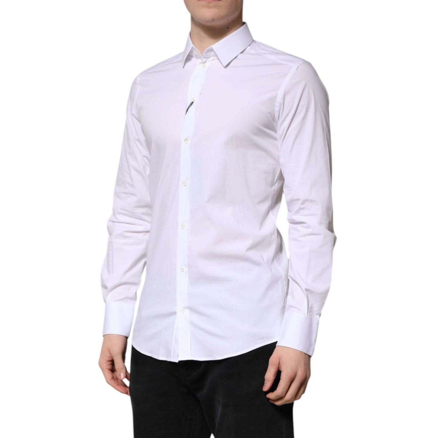 Dolce & Gabbana White Cotton GOLD Long Sleeves Formal Shirt with subtle gold detailing, perfect for upscale evening wear, shown on mannequin.