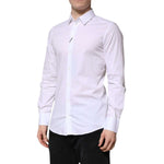 Dolce & Gabbana White Cotton GOLD Long Sleeves Formal Shirt with subtle gold detailing, perfect for upscale evening wear, shown on mannequin.