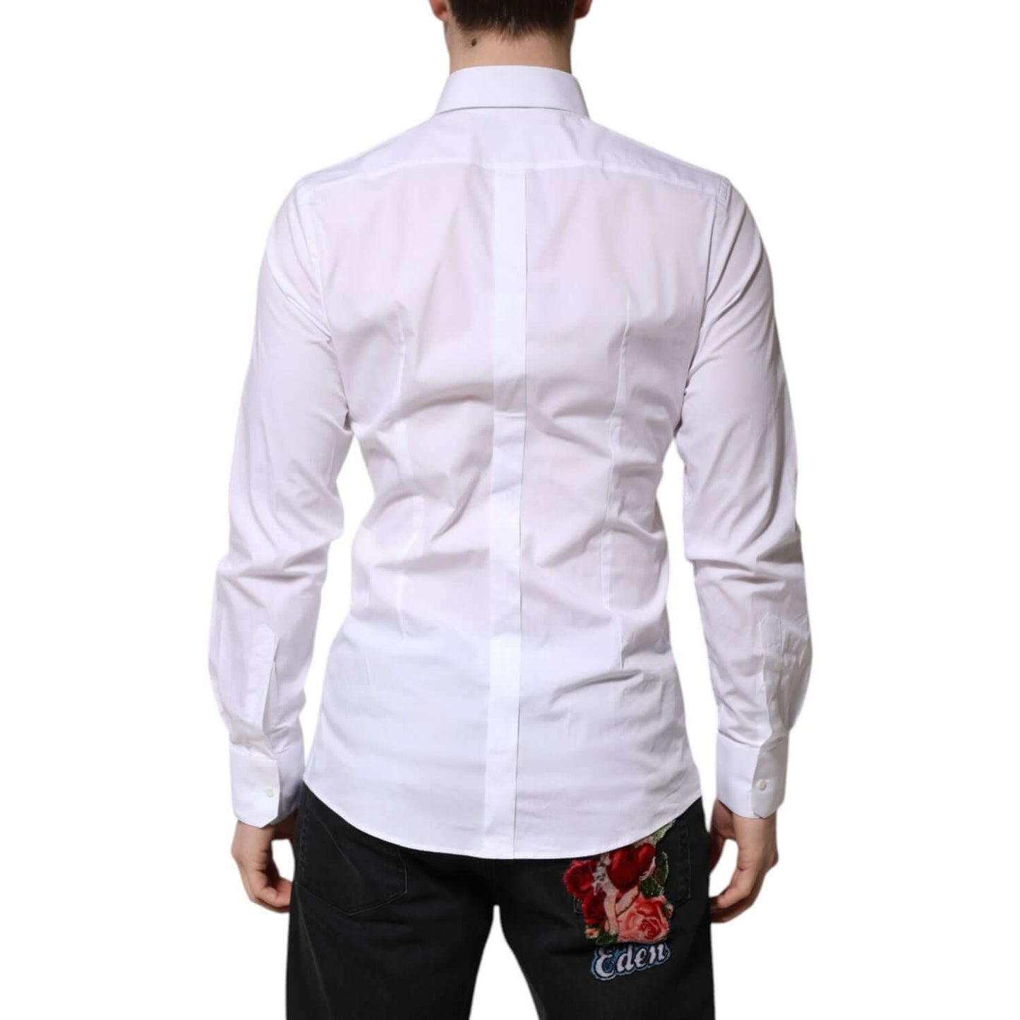 Back view of a man wearing Dolce & Gabbana White Cotton GOLD Long Sleeves Formal Shirt, showcasing slim fit and luxury design.