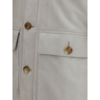Close-up of buttons and pocket detail on Brunello Cucinelli Gray Leather Jacket with suede texture.