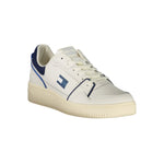Tommy Hilfiger White Leather Men Sneaker with blue accents and iconic logo, stylish and comfortable footwear for modern athletic fashion.