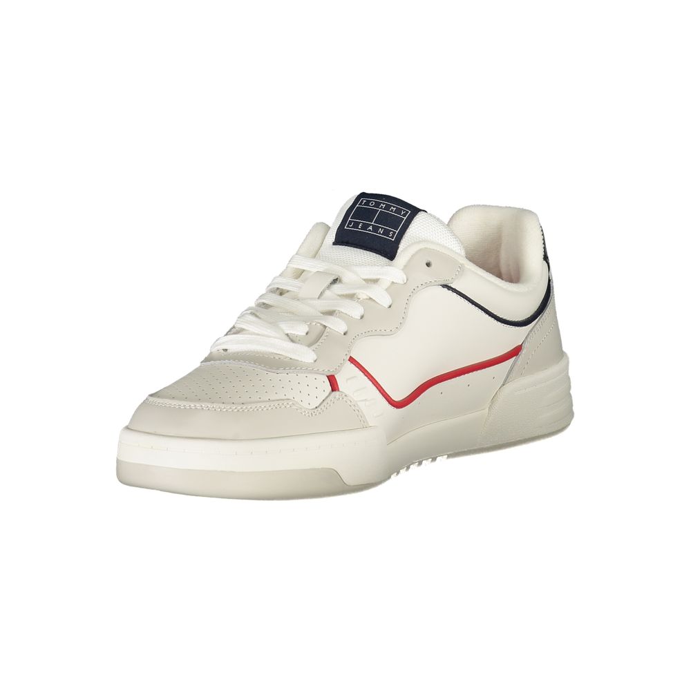 Tommy Hilfiger White Leather Men Sneaker with red and blue accents, stylish and comfortable for everyday wear.