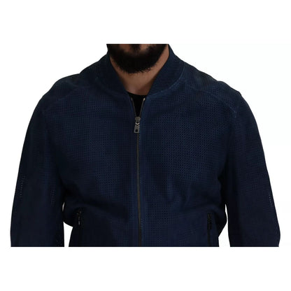 Dolce & Gabbana Blue Leather Perforated Full Zip Jacket