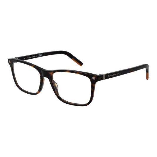 Ermenegildo Zegna Brown Men Glasses Frame with acetate material, full-rim rectangle style, demo lenses, and branded case.