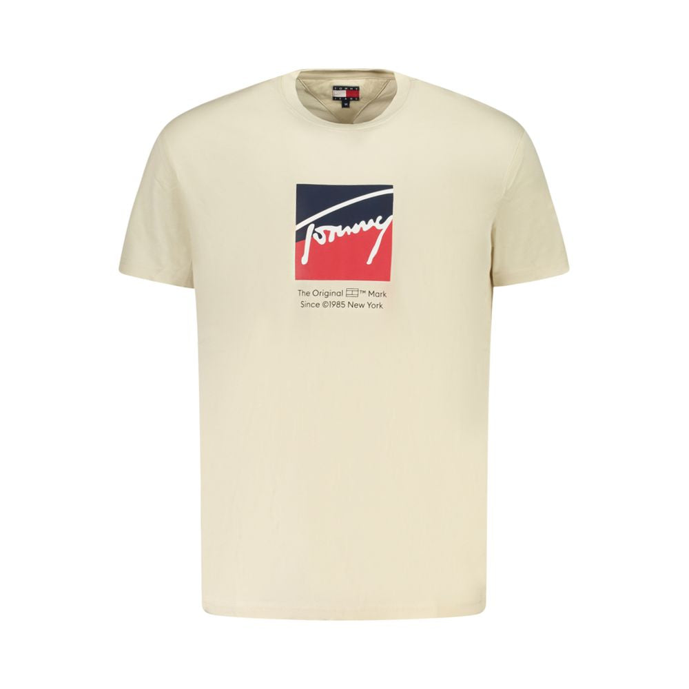 Tommy Hilfiger Beige Cotton Men T-Shirt with logo print, short sleeves, and crew neck, showcasing sustainable fashion and comfort.