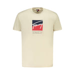 Tommy Hilfiger Beige Cotton Men T-Shirt with logo print, short sleeves, and crew neck, showcasing sustainable fashion and comfort.