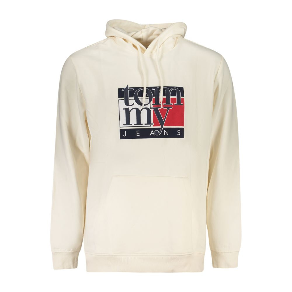 Tommy Hilfiger White Cotton Men Sweater with logo print on cream hoodie