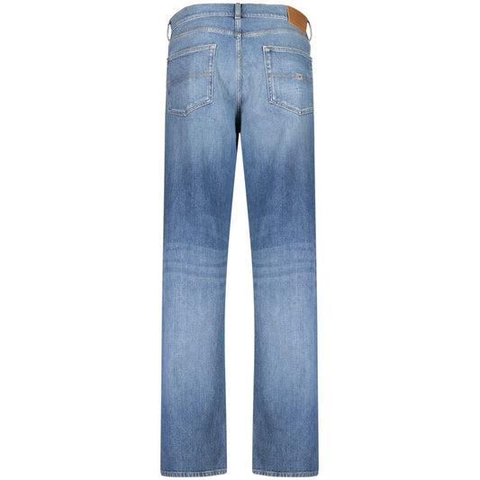 Back view of Tommy Hilfiger Blue Cotton Men Jeans showcasing faded effect and embroidery logo.